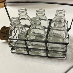 Milk glass in wire case Decor unbranded jars 4.5”H , 8”Hx6”W wire case w/handle